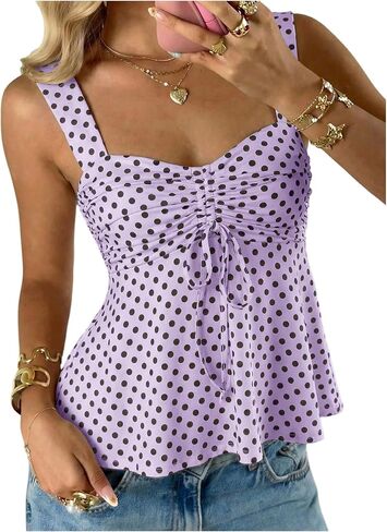 SOLY HUX Women's Cute Babydoll Tops Polka Dots Sleeveless Ruched Peplum Top Summer Crop Tank Shirts in Saudi Arabia