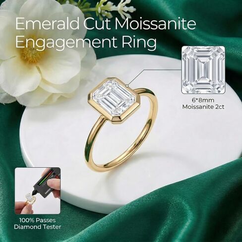 Moissanite Engagement Rings for Women 14K Gold Emerald Cut Bezel Solitaire Travel Wedding Ring (2cttw, D Color, IF Clarity, 3EX Cut) Size 5 in Saudi Arabia