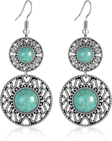 Boho Turquoise Dangle Earrings For Women Trendy,Western Blue Gemstone Drop Earings,Vintage Gothic Ethnic Statement Beach Vacation Long Birthstone Earrings with Leaf Teardrop Turquoise Crystal Tassels,Fashion Jewelry Birthday Gift. in Saudi Arabia