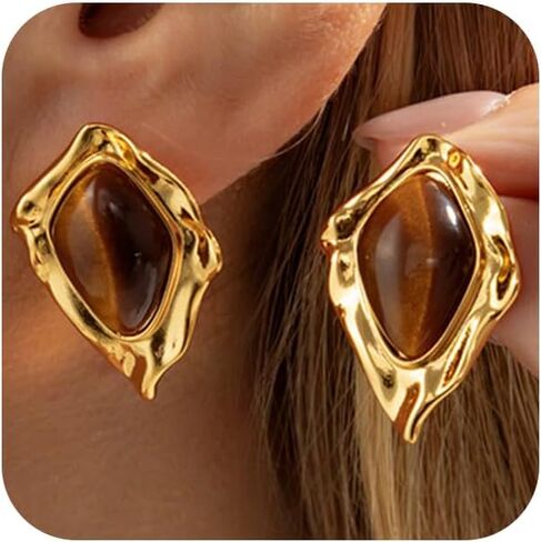 Exquisite Gold Chunky Brown Oval Crystal Earrings for Women Statement Vintage Round Hammered Pleated Resin Drop Earring Trendy Prom Party Jewelry Gift in Saudi Arabia
