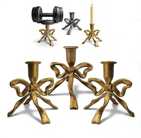 Heavy Cast Iron Dancing Bow Taper Candle Holders, Ribbon-Inspired Sculptural Design, Fits 7/8" Candlesticks, Vintage Metal for Mantel, Tabletop & Seasonal Decor (2, Brass) in Saudi Arabia