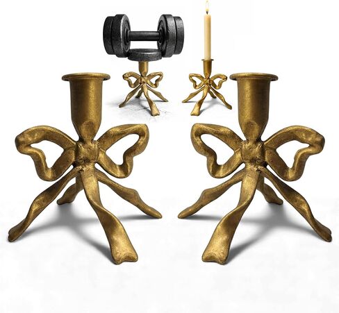 Heavy Cast Iron Dancing Bow Taper Candle Holders, Ribbon-Inspired Sculptural Design, Fits 7/8" Candlesticks, Vintage Metal for Mantel, Tabletop & Seasonal Decor (2, Brass) in Kuwait