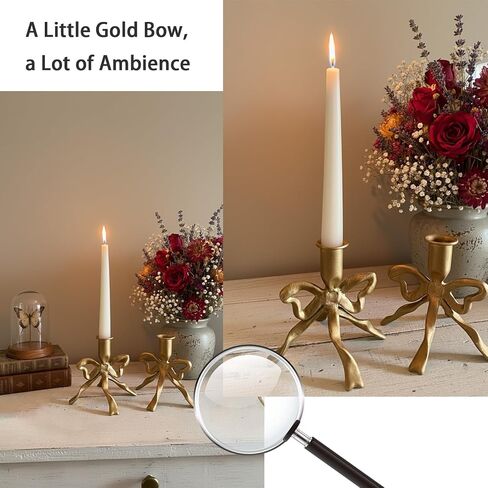 Heavy Cast Iron Dancing Bow Taper Candle Holders, Ribbon-Inspired Sculptural Design, Fits 7/8" Candlesticks, Vintage Metal for Mantel, Tabletop & Seasonal Decor (2, Brass) in Kuwait