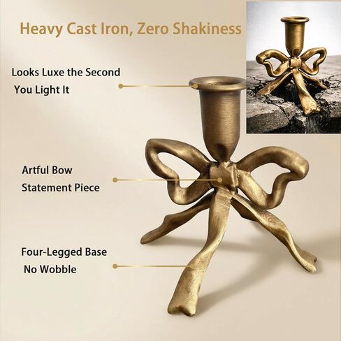 Heavy Cast Iron Dancing Bow Taper Candle Holders, Ribbon-Inspired Sculptural Design, Fits 7/8" Candlesticks, Vintage Metal for Mantel, Tabletop & Seasonal Decor (2, Brass) in Kuwait