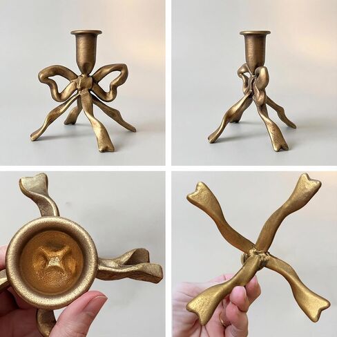 Heavy Cast Iron Dancing Bow Taper Candle Holders, Ribbon-Inspired Sculptural Design, Fits 7/8" Candlesticks, Vintage Metal for Mantel, Tabletop & Seasonal Decor (2, Brass) in Kuwait