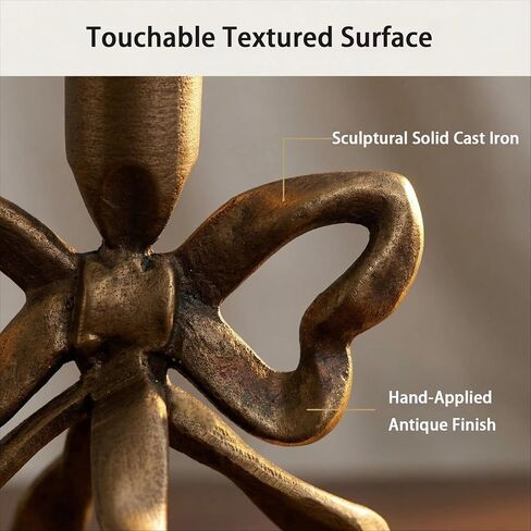 Heavy Cast Iron Dancing Bow Taper Candle Holders, Ribbon-Inspired Sculptural Design, Fits 7/8" Candlesticks, Vintage Metal for Mantel, Tabletop & Seasonal Decor (2, Brass) in Kuwait