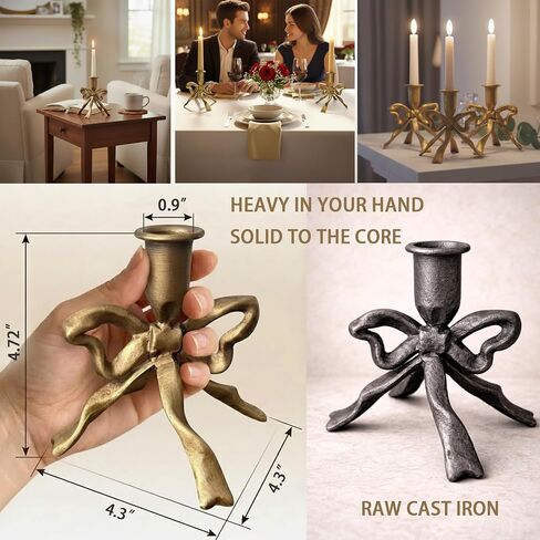 Heavy Cast Iron Dancing Bow Taper Candle Holders, Ribbon-Inspired Sculptural Design, Fits 7/8" Candlesticks, Vintage Metal for Mantel, Tabletop & Seasonal Decor (2, Brass) in Kuwait