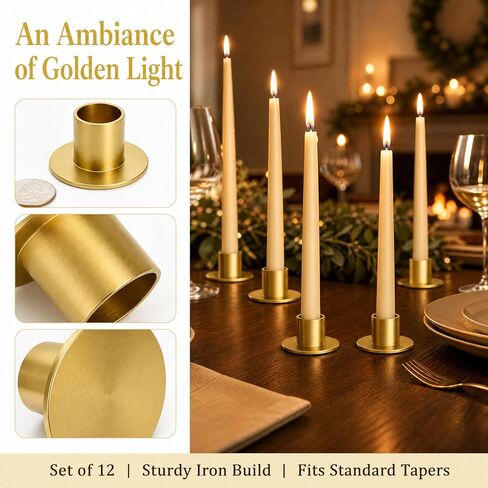 ZENFUN 12 Pc Taper Candle Holders, Iron Gold Candlestick Holders Bulk, Table Centerpiece Candlestick Holder Bulk, Matte Gold Candle Holder for Home Decor, Party, Wedding, Anniversary in Kuwait
