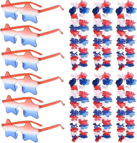 Patriotic Red White and Blue Flower Leis and Star Sunglasses for 4th of July,Flower Necklace Party Decorations 12PCS in Saudi Arabia