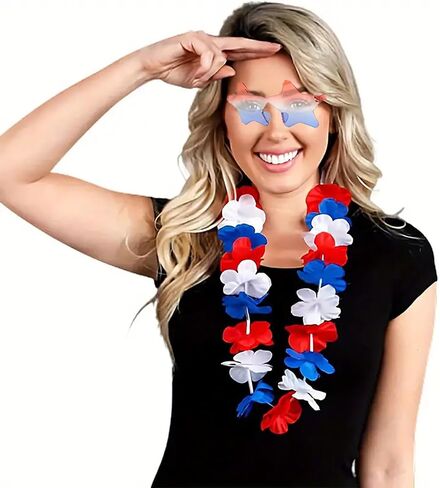 Patriotic Red White and Blue Flower Leis and Star Sunglasses for 4th of July,Flower Necklace Party Decorations 12PCS in Saudi Arabia