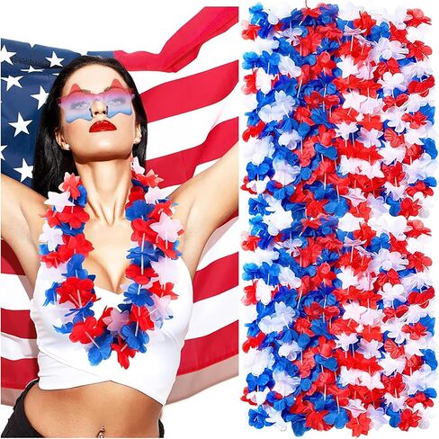 Patriotic Red White and Blue Flower Leis and Star Sunglasses for 4th of July,Flower Necklace Party Decorations 12PCS in Saudi Arabia