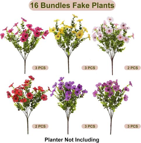 Artificial Violet Flowers Outdoor UV Resistant, 16-Stem Multi Pack Faux Purple Blooms for Front Porch, Patio, Garden & Large Planters, Fade Resistant Silk Fake Flowers (16, Mix Colors) in Kuwait