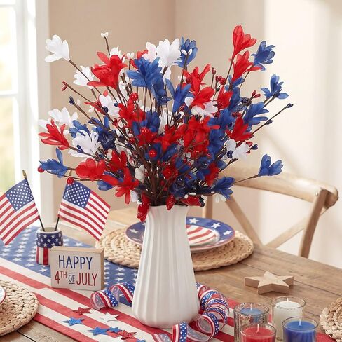 Janinka 18 Pcs 4th of July Artificial Flowers Patriotic Berry Picks 250th Anniversary Red White and Blue Flowers for Memorial Day Independence Day Office Vase Decor Home Table Centerpiece in Kuwait