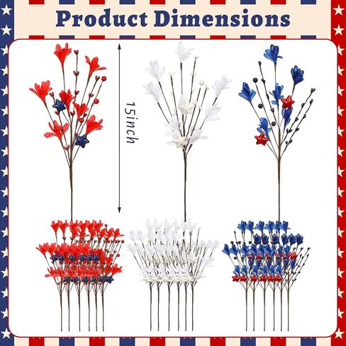 Janinka 18 Pcs 4th of July Artificial Flowers Patriotic Berry Picks 250th Anniversary Red White and Blue Flowers for Memorial Day Independence Day Office Vase Decor Home Table Centerpiece in Kuwait