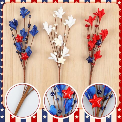 Janinka 18 Pcs 4th of July Artificial Flowers Patriotic Berry Picks 250th Anniversary Red White and Blue Flowers for Memorial Day Independence Day Office Vase Decor Home Table Centerpiece in Kuwait
