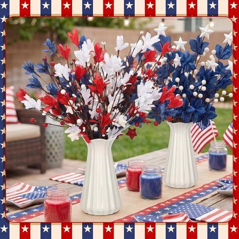 Janinka 18 Pcs 4th of July Artificial Flowers Patriotic Berry Picks 250th Anniversary Red White and Blue Flowers for Memorial Day Independence Day Office Vase Decor Home Table Centerpiece in Kuwait