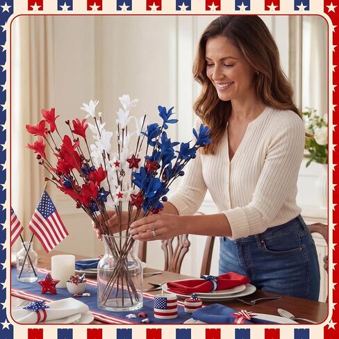 Janinka 18 Pcs 4th of July Artificial Flowers Patriotic Berry Picks 250th Anniversary Red White and Blue Flowers for Memorial Day Independence Day Office Vase Decor Home Table Centerpiece in Kuwait