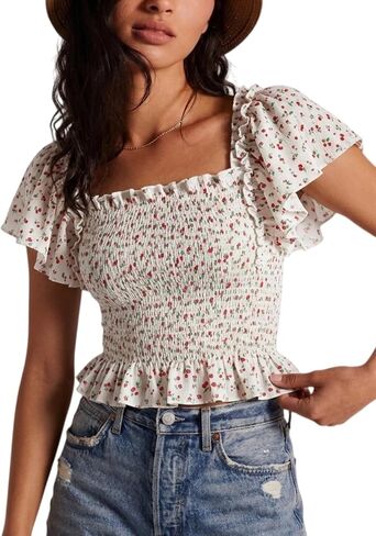 Women Ruffle Short Sleeve Tops Smocked Square Neck Crop Top Casual Summer 2026 Shirred Flowy Cute Beach Blouses in Saudi Arabia
