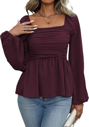 Women's Babydoll Peplum Square Neck Blouses Flowy Ruffle Cute Ruched Top For Curvy Women in Saudi Arabia