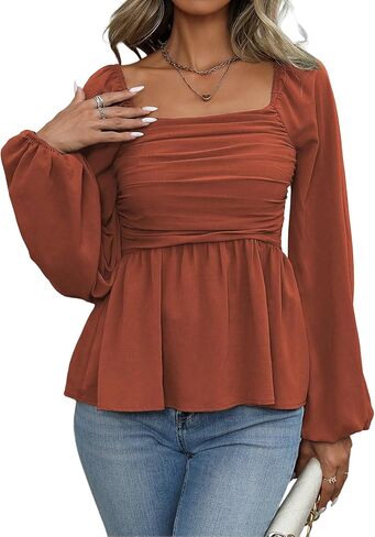 Women's Babydoll Peplum Square Neck Blouses Flowy Ruffle Cute Ruched Top For Curvy Women in Kuwait