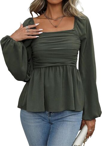 Women's Babydoll Peplum Square Neck Blouses Flowy Ruffle Cute Ruched Top For Curvy Women in Kuwait