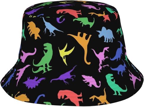 Fun Dinosaur Black Bucket Hat for Men Women Printed Fisherman Hat Packable Sun Cap Travel Outdoor Beach Caps in Saudi Arabia