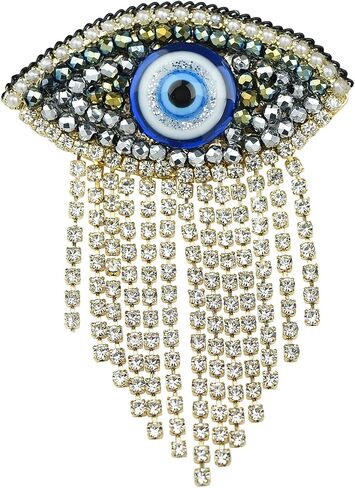 Evil Eye Brooch with Rhinestone Waterfall Chain, Bohemian Lapel Pin for Wedding Party, Handmade Vintage Eye Corsage in Kuwait