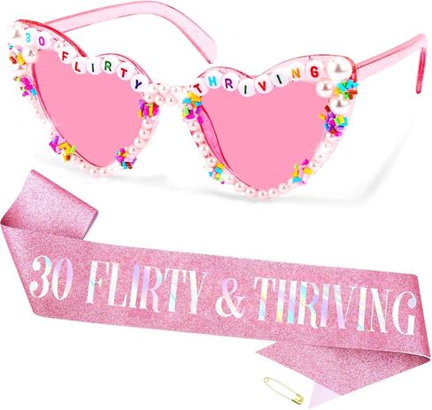 KICOSY 30th Birthday Sunglasses for Women, 30 Flirty and Thriving Heart Sunglasses, 30th Birthday Glasses, Pink Heart Shaped Sunglasses for 30th Birthday Party Decorations, Photo Booth Props in Kuwait