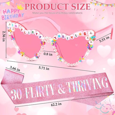 KICOSY 30th Birthday Sunglasses for Women, 30 Flirty and Thriving Heart Sunglasses, 30th Birthday Glasses, Pink Heart Shaped Sunglasses for 30th Birthday Party Decorations, Photo Booth Props in Kuwait