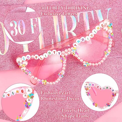 KICOSY 30th Birthday Sunglasses for Women, 30 Flirty and Thriving Heart Sunglasses, 30th Birthday Glasses, Pink Heart Shaped Sunglasses for 30th Birthday Party Decorations, Photo Booth Props in Kuwait