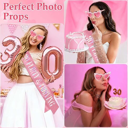 KICOSY 30th Birthday Sunglasses for Women, 30 Flirty and Thriving Heart Sunglasses, 30th Birthday Glasses, Pink Heart Shaped Sunglasses for 30th Birthday Party Decorations, Photo Booth Props in Kuwait