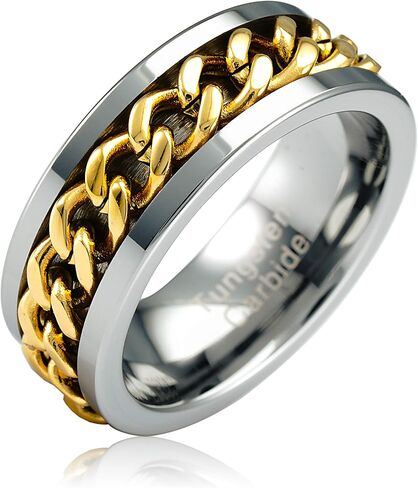 100S JEWELRY Spinner Ring Gold Cuban Link Tungsten Wedding Band For Men Women Promise Engagement Sizes 6-16 in Kuwait