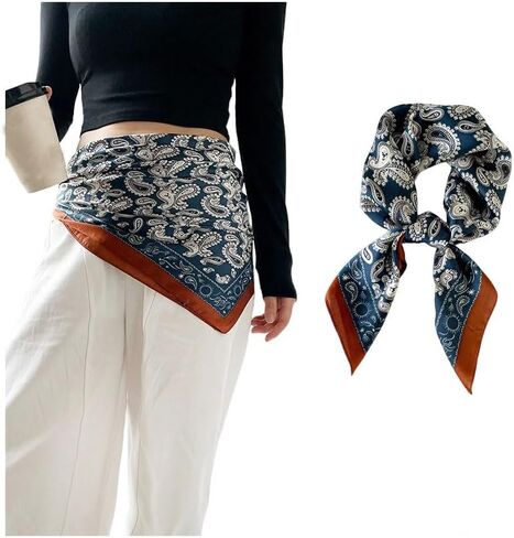 27.5 Inch Navy Coffee Print Silk Hair Head Scarf for Women Satin Neck Scarf Wrap Large Lightweight Bandana in Saudi Arabia