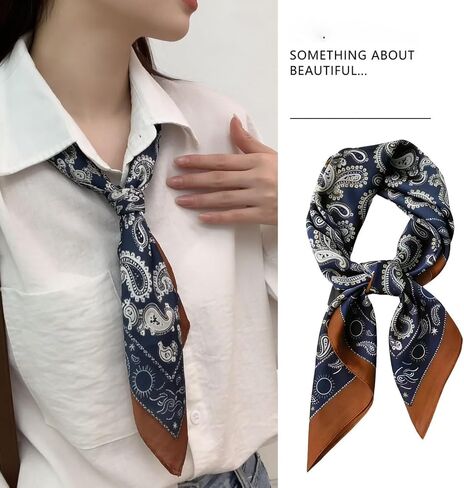 27.5 Inch Navy Coffee Print Silk Hair Head Scarf for Women Satin Neck Scarf Wrap Large Lightweight Bandana in Saudi Arabia