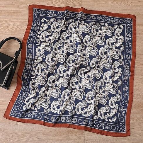 27.5 Inch Navy Coffee Print Silk Hair Head Scarf for Women Satin Neck Scarf Wrap Large Lightweight Bandana in Saudi Arabia
