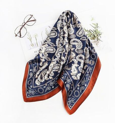27.5 Inch Navy Coffee Print Silk Hair Head Scarf for Women Satin Neck Scarf Wrap Large Lightweight Bandana in Saudi Arabia