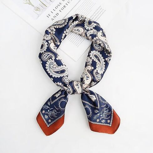 27.5 Inch Navy Coffee Print Silk Hair Head Scarf for Women Satin Neck Scarf Wrap Large Lightweight Bandana in Saudi Arabia