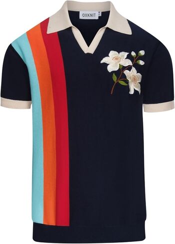 OXKNIT Men's Knit Short Sleeve Shirts Retro Embroidery Floral Pattern Knitted Polo Shirt Dark Blue V-Neck Polo Knitwear in Saudi Arabia