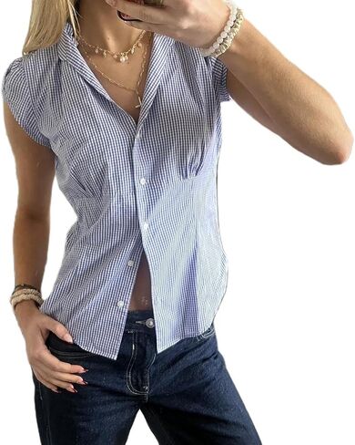 Women Y2k Button Down Shirts Slim Fit Casual Vintage Plaid Lapel Collar Short Sleeve Blouse Tops Streetwear in Saudi Arabia