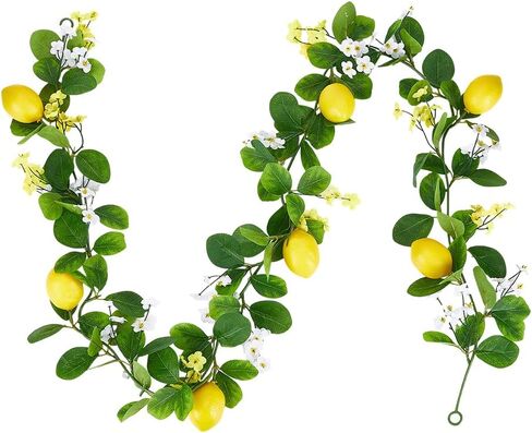 PH Pandahall Artificial Lemon Garland, 5.3 Ft Summer Fake Fruit Garlands Lemon Green Leaves Flower Faux Lemon Greenery Vines Garland for Door Wall Stairs Mantle Home Party Wedding Decor in Kuwait