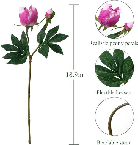6 Pcs Artificial Peonies Flowers with Pink Buds, 18.9" Silk Peony Bouquets Bulk for Home Decor Indoor, Fuchsia Magenta Peonies Stems for Wedding Table Centerpiece in Kuwait