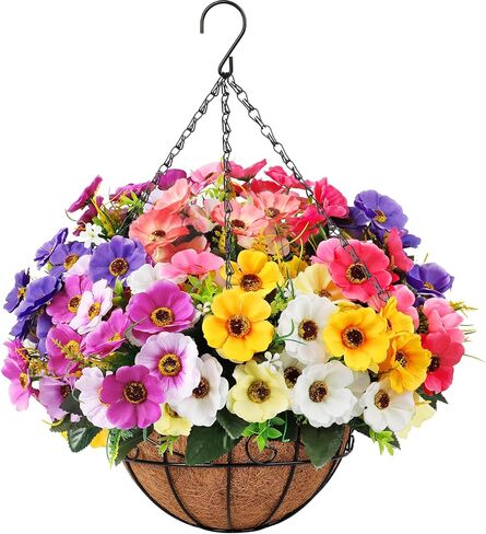 Ouddy Decor Artificial Hanging Flowers with Basket, Fake Silk Hanging Flowers in Coconut Lining Basket Faux Hanging Plants for Outdoor Indoor Spring Garden Porch Patio Balcony Home Decor, Multicolor in Saudi Arabia