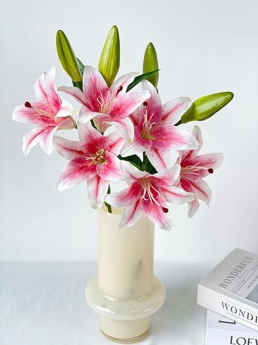 YalzoneMet 2 Pcs Pink Stargazer Lily Artificial Flowers for Decoration, 28 inch Long Stems Real Touch Latex Fake Flowers, Faux Silk Easter Lily for Spring Indoor Home Office Wedding Table Centerpiece in Kuwait