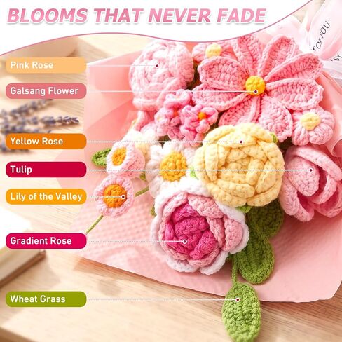 Crochet Flower Bouquet Pink, Handmade Knitted Floral, Crochet Tulips Galsang Flower for Women Mom Wife Girlfriend for Mother's Day Valentine's Day Birthday Anniversary Graduation with Gift Bag & Card in Saudi Arabia