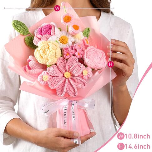 Crochet Flower Bouquet Pink, Handmade Knitted Floral, Crochet Tulips Galsang Flower for Women Mom Wife Girlfriend for Mother's Day Valentine's Day Birthday Anniversary Graduation with Gift Bag & Card in Saudi Arabia