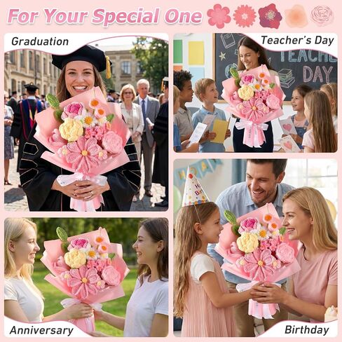 Crochet Flower Bouquet Pink, Handmade Knitted Floral, Crochet Tulips Galsang Flower for Women Mom Wife Girlfriend for Mother's Day Valentine's Day Birthday Anniversary Graduation with Gift Bag & Card in Saudi Arabia