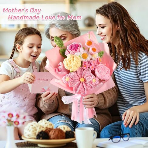 Crochet Flower Bouquet Pink, Handmade Knitted Floral, Crochet Tulips Galsang Flower for Women Mom Wife Girlfriend for Mother's Day Valentine's Day Birthday Anniversary Graduation with Gift Bag & Card in Saudi Arabia