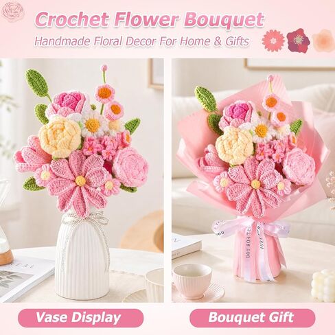 Crochet Flower Bouquet Pink, Handmade Knitted Floral, Crochet Tulips Galsang Flower for Women Mom Wife Girlfriend for Mother's Day Valentine's Day Birthday Anniversary Graduation with Gift Bag & Card in Saudi Arabia