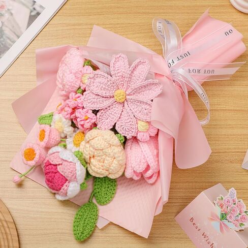 Crochet Flower Bouquet Pink, Handmade Knitted Floral, Crochet Tulips Galsang Flower for Women Mom Wife Girlfriend for Mother's Day Valentine's Day Birthday Anniversary Graduation with Gift Bag & Card in Saudi Arabia