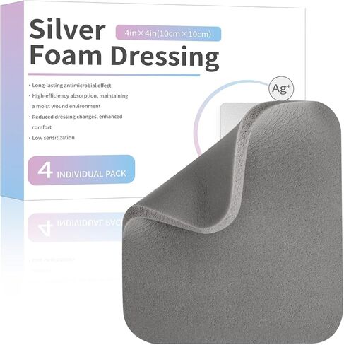 Silver Silicone Foam Dressing Without Border 4 Pack Non Stick Gentle Pads Ag Sterile Highly Absorbent Wound Dressing 4"×4" for Burns Ulcers Abrasions Pressure Sore in Saudi Arabia